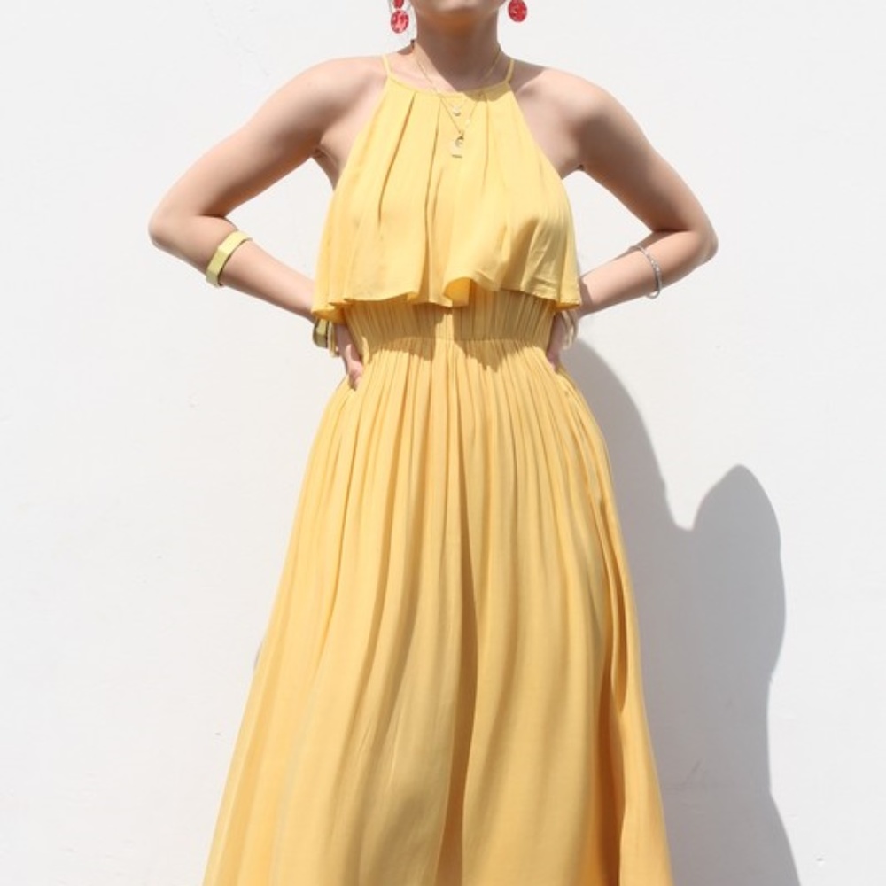 Maxi Dress Yellow Ruffle Top/Hem Flowy sz. S M L